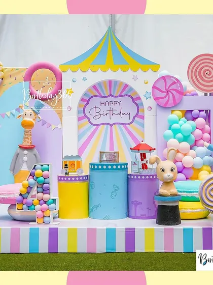 The full candy carnival stage, packed with colorful details like giant donuts, lollipops, a Ferris wheel, and a circus tent.