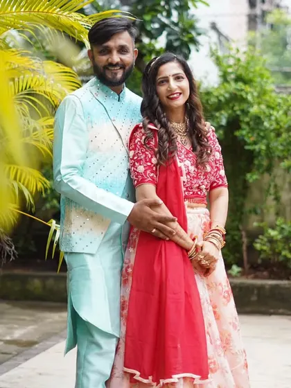 This groom is wearing a pista green kurta with a shaded jacket featuring mirror work. The color gradient on the jacket adds a unique touch to this pre-wedding outfit.
