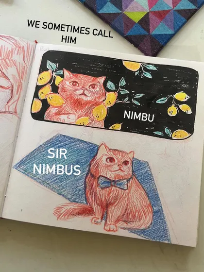 Some early sketches of my cat, Nimbus, also known as Sir Nimbus. This is from my sketchbook where I practice drawing and experiment with ideas.