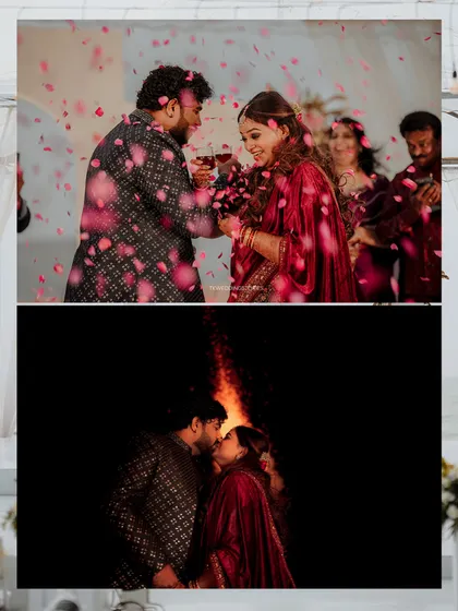 A collage of reception moments, from a celebratory toast with rose petals to a romantic kiss by a bonfire.