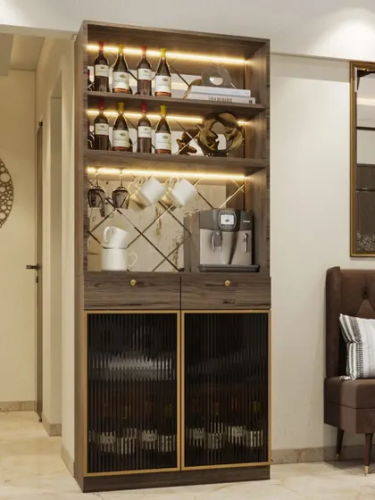 This tall bar and coffee station is a versatile piece of furniture. It includes wine racks, glass holders, a coffee machine nook, and closed storage at the bottom.