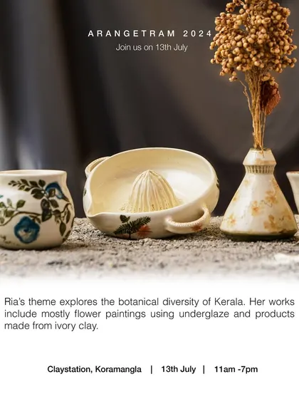 Ria, an artist inspired by nature, explores the botanical diversity of Kerala in her Arangetram collection. Her work features delicate flower paintings using underglaze on ivory clay, creating pieces that are filled with creativity and joy.