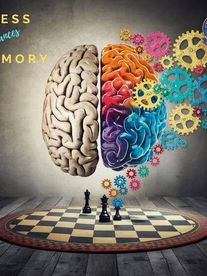 Chess enhances memory. The brain is depicted as a set of colorful gears, illustrating how chess exercises and strengthens a player's ability to recall patterns and sequences.