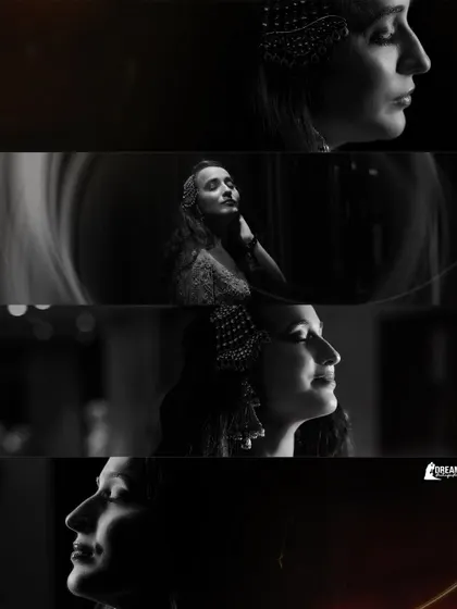 A film-strip style collage of Manya's black and white profile shots, highlighting her elegant features.