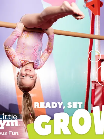 Ready, set, grow. This young gymnast is all smiles as she hangs upside down, a testament to the confidence and strength she has built in our grade school program.