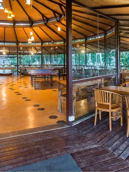 A view of our unique circular dining hall at Kabini, with its wooden deck and panoramic windows that bring the outdoors in.