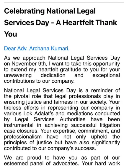 Feeling grateful to receive this note of appreciation for my work with various Lok Adalats and mediations. My goal is always to help parties find resolution and closure.