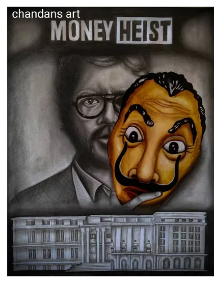 This artwork is a homage to the Money Heist series, combining a graphite drawing of the Royal Mint of Spain with a charcoal depiction of the Dali mask. It's an example of creating a thematic piece based on a favorite show.