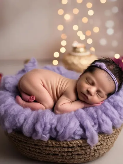 A different angle of the newborn in a basket, showing the baby's tiny curled-up form against a soft purple blanket.