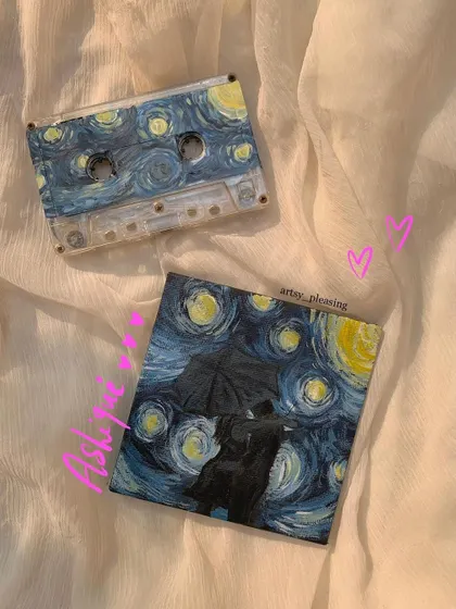 A custom painting inspired by the movie 'Aashiqui 2', painted on a mini canvas and a cassette tape. I love upcycling old media into art.