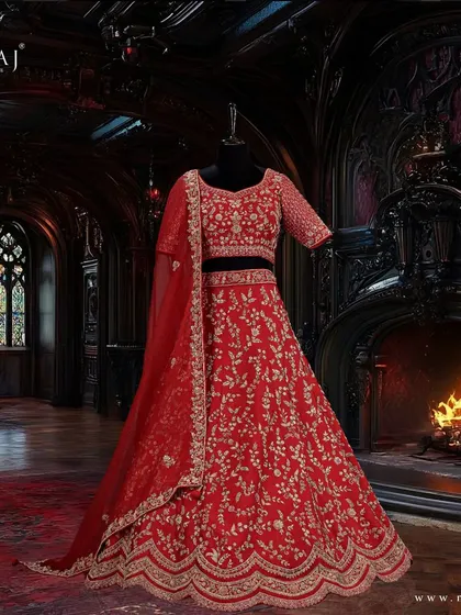A full view of the red silk lehenga with a double dupatta, showcasing the intricate craftsmanship and beautiful design.