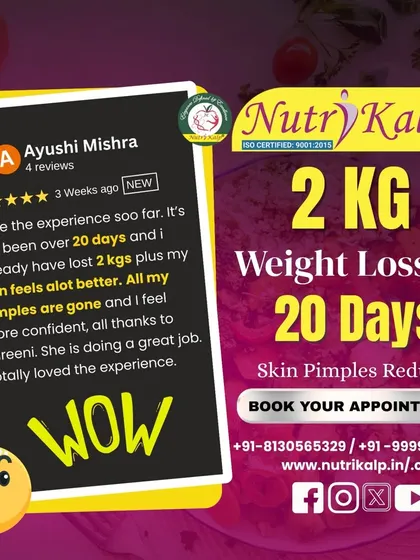 Ayushi Mishra is thrilled with her results after just 20 days: 2 kgs lost, clearer skin, and more confidence. This shows our diets benefit overall wellness, not just weight.