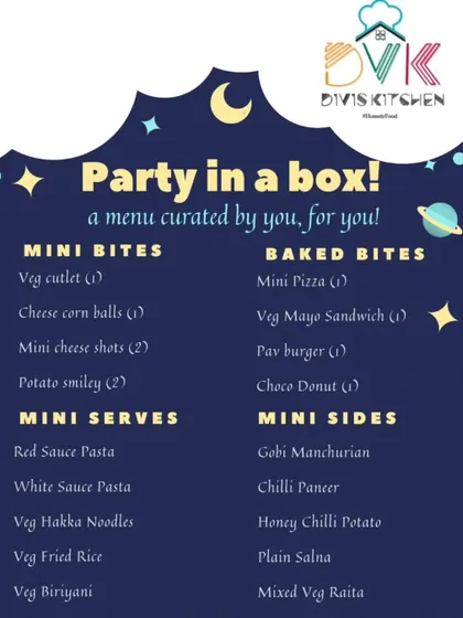 Another look at our party box menu, designed to make your party planning stress-free. Choose your mini bites, baked bites, and mini serves to curate a menu your guests will love.
