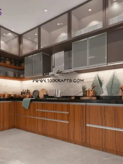 A warm and functional kitchen from the 'Modern Ethnic' project, featuring a combination of wood and dark brown cabinets, providing ample storage and a timeless appeal.