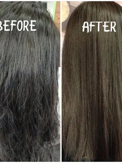 Another amazing before and after. This keratin treatment completely smoothed out the rough texture, resulting in sleek, straight hair that looks and feels so much healthier.
