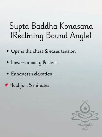 Supta Baddha Konasana (Reclining Bound Angle) is excellent for lowering anxiety and stress, helping to prevent migraines by opening the chest and easing tension.