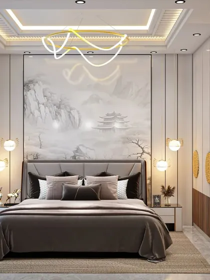 A 3D design for a master bedroom that blends artistry with comfort. The room is centered around a large, scenic wallpaper, complemented by a modern bed, elegant globe pendant lights, and a built-in wardrobe with a dressing nook.