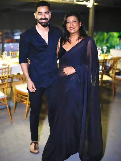 A lovely evening celebrating with friends. I can design coordinated looks for couples, like our all-black ensembles here.
