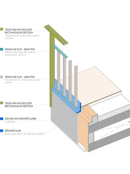 A technical drawing illustrating the assembly of the metal railings for the Jayanagar Residence. This shows the level of detail we invest in designing every component to ensure both structural integrity and aesthetic refinement.