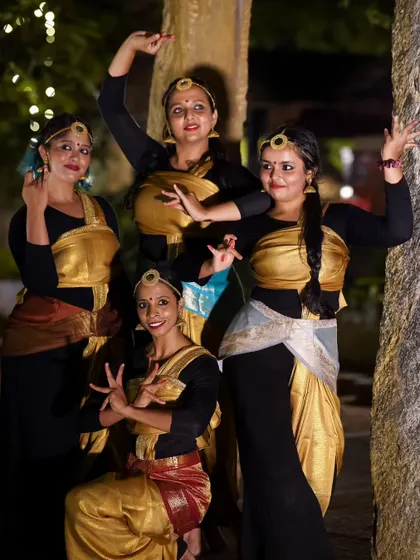 A beautiful group photo of our dancers in their semi-classical costumes. We believe dance starts with a feeling and ends with an action, and our performers embody that philosophy.