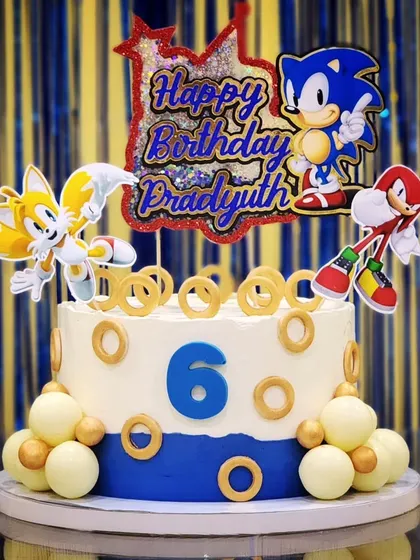 A Sonic the Hedgehog cake for Pradyuth's 6th birthday. This butterscotch cake is decorated with golden rings and characters from the popular video game.