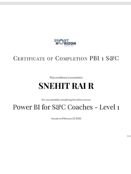 I completed the Power BI for S&C Coaches course to enhance my data visualization skills. This allows me to analyze training data more effectively and present it to coaches and athletes in a clear, impactful way.