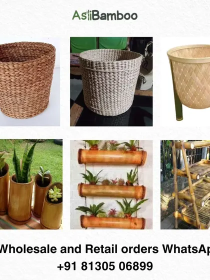 This collage showcases our diverse range of natural planters and plant stands. From woven water hyacinth baskets to structured bamboo racks, we provide stylish and sustainable homes for your plants.