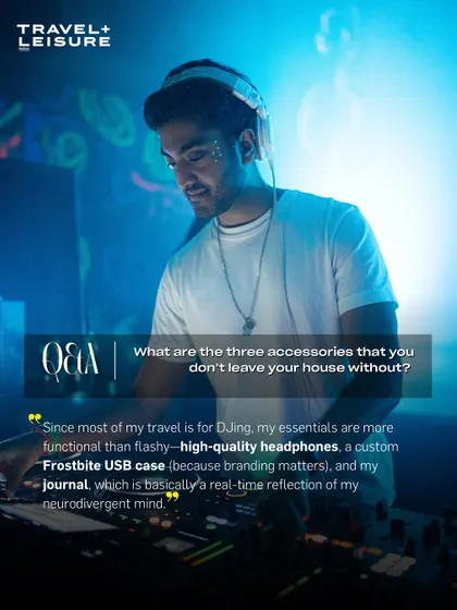 A Q&A snippet from my Travel + Leisure interview. I talk about my essentials, including a custom Frostbite USB case because branding always matters, even for my DJ gigs.