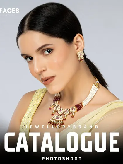 This shot features a traditional Kundan and pearl necklace with red accents, ideal for a bridal or festive jewellery catalogue.