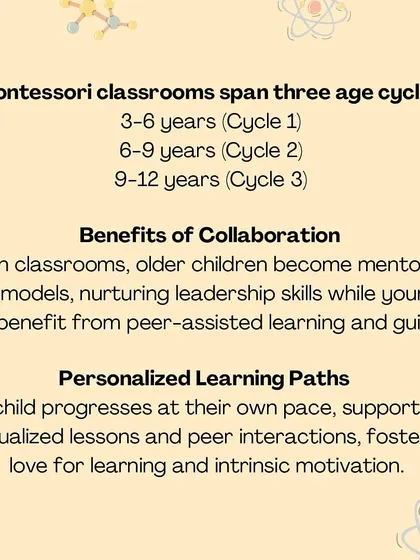 These graphics define the "vertical classroom," explaining the benefits of our mixed-age environment where older children mentor younger ones.