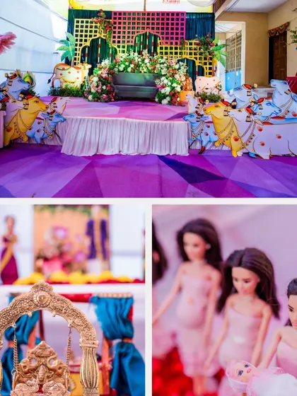 Details from a memorable baby shower, including the main stage decor and close-ups of our unique doll setups, like the pregnant dolls in pink.