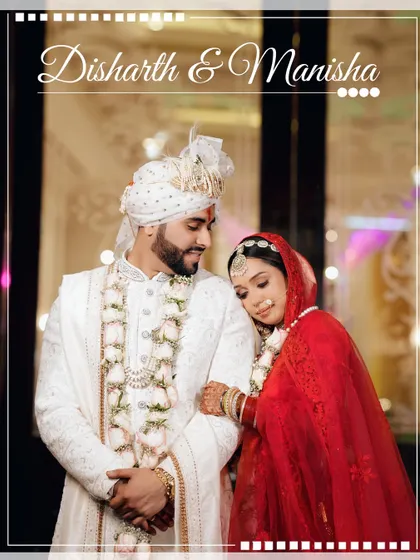 A classic portrait of the couple, Disharth and Manisha, sharing a quiet moment during their wedding.