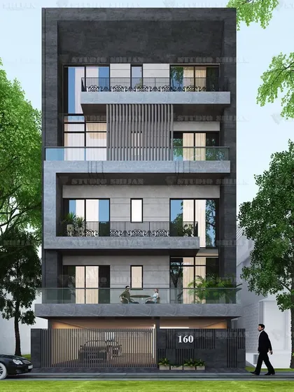 This 160 sq. yard residential building in Janakpuri, New Delhi, shows how a compact plot can still have a grand and well-proportioned facade with modern design elements.