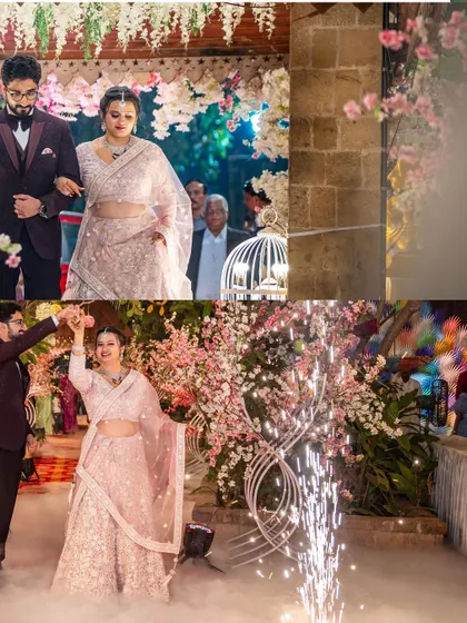 A collage showing the couple's grand entrance and a twirl on the dance floor. It perfectly captures the celebratory mood of the reception.