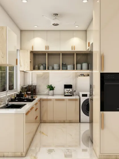 The full L-shaped layout is visible here, showcasing the ample storage and countertop space, along with a built-in oven for a modern touch.