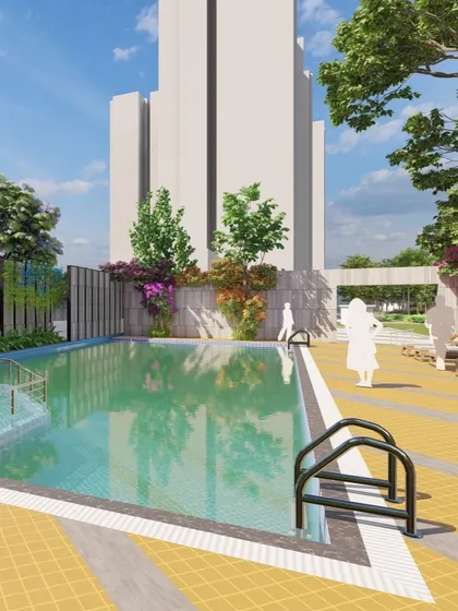 A full view of the conceptual pool area, showing its position relative to the high-rise building and surrounding landscape.