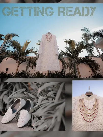 A detail-oriented collage of the groom's wedding attire. We focus on the texture of his sherwani, the elegant shoes, and the multi-layered necklace, showcasing his royal look.