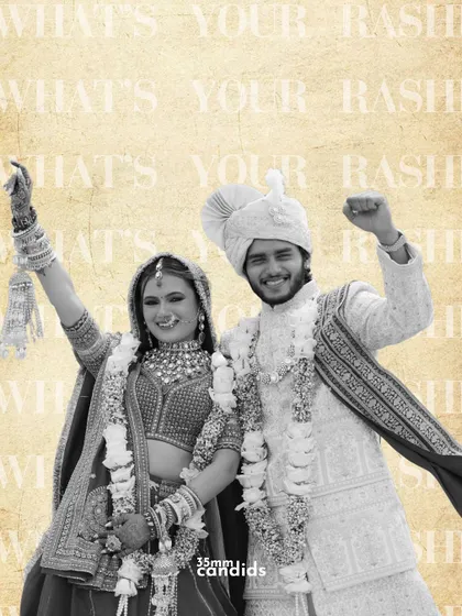 "What's Your Rashi?" A fun, retro-themed graphic overlay on a joyful wedding photo, adding a touch of Bollywood flair and personality.