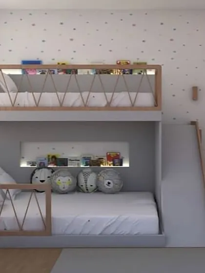 A cute bunk bed with a slide, perfect for adding a bit of fun to the bedroom.