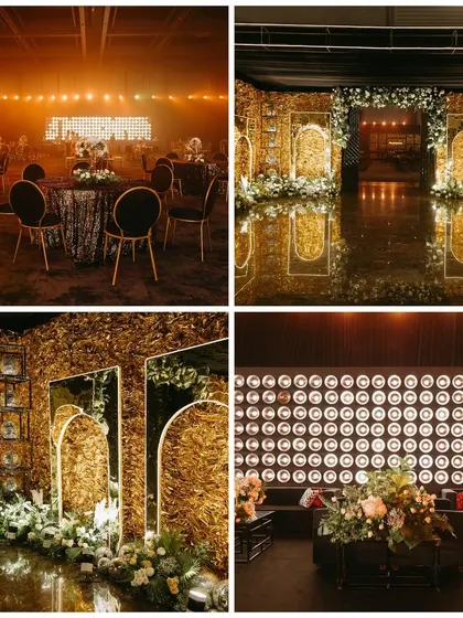 A collage of 'Gold & Glam' decor, showcasing a golden-themed entrance, sequined tabletops, and dramatic lighting. This helps visualize the opulence of the final event.