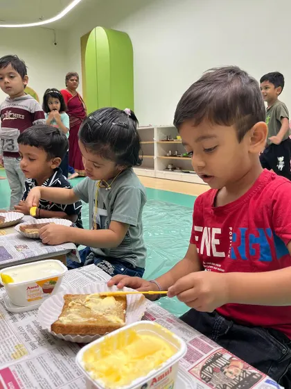 Each activity, from making Bhel Puri and toast to plucking methi leaves and exploring what floats, is a lesson in itself. These practical life and sensorial activities are central to the Montessori method, helping children develop fine motor skills, concentration, and a deep understanding of the world through their own actions.