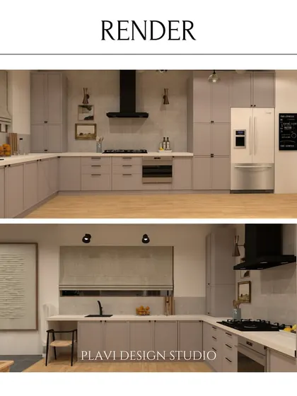 A 3D render of a kitchen concept, allowing the client to visualize the space with taupe cabinets, a black chimney hood, and specific lighting before construction begins.