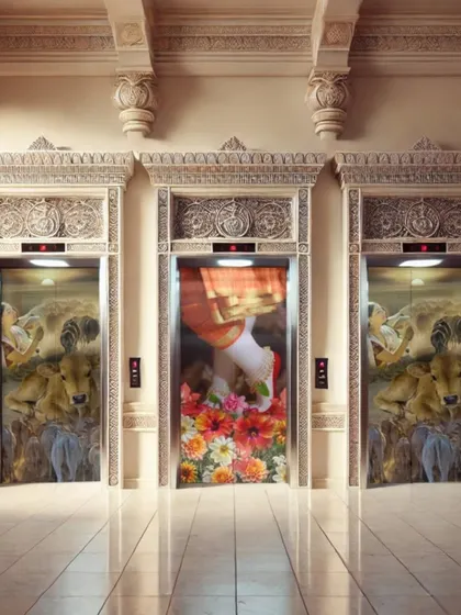 Even functional spaces like elevators can be transformed into works of art. I designed these custom elevator door wraps with ornate, traditional Indian motifs to maintain the luxurious, heritage feel of the building's interior.