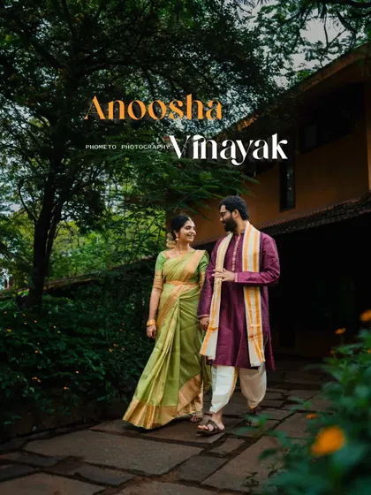 A classic pre-wedding portrait of the couple, their names elegantly overlaid, capturing their story at the Shankara Foundation.