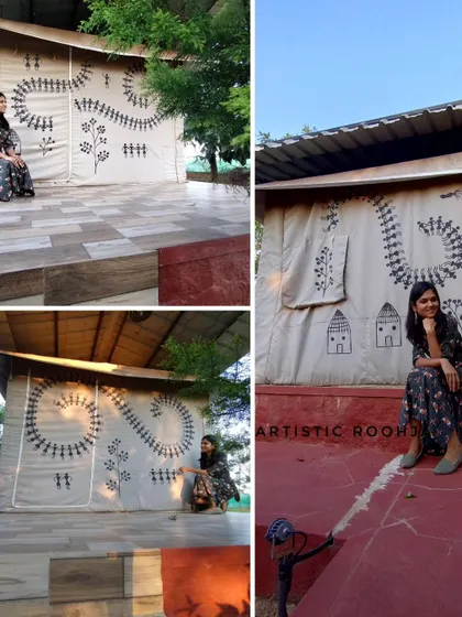 Here's an example of Warli art painted on a tent. This demonstrates the versatility of the art form, a topic I cover in the business ideas module of the course.
