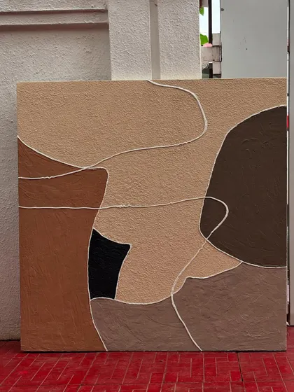 A piece of textured abstract art on canvas. This work explores form and color blocking with a neutral, earthy palette, perfect for modern minimalist interiors.