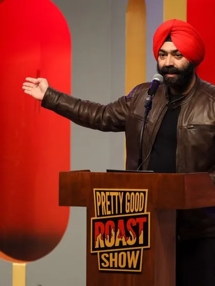 A collection of shots from the Pretty Good Roast Show, showcasing various comedians and moments from the event.