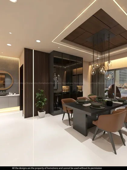 A concept for a luxurious dining room with a large table, upholstered chairs, and a statement ceiling with wood paneling and cove lighting.