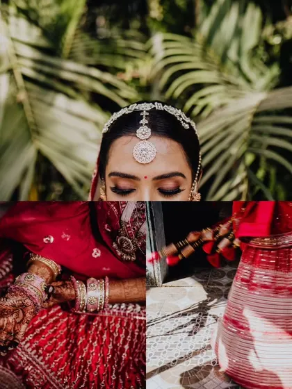 An artistic collage focusing on the details of the bride's attire: her matha patti, her intricate lehenga, and her henna-adorned hands.