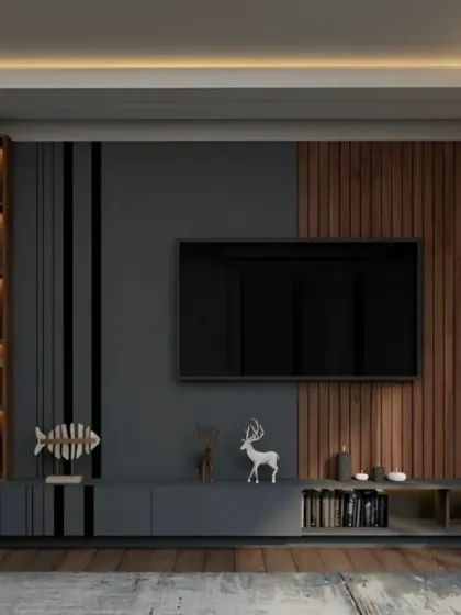 A wide TV unit with a modern, asymmetrical design. The combination of dark grey panels, wood slats, and open shelving creates a dynamic and stylish feature wall.